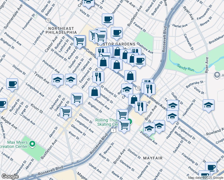 map of restaurants, bars, coffee shops, grocery stores, and more near 7208 Leonard Street in Philadelphia