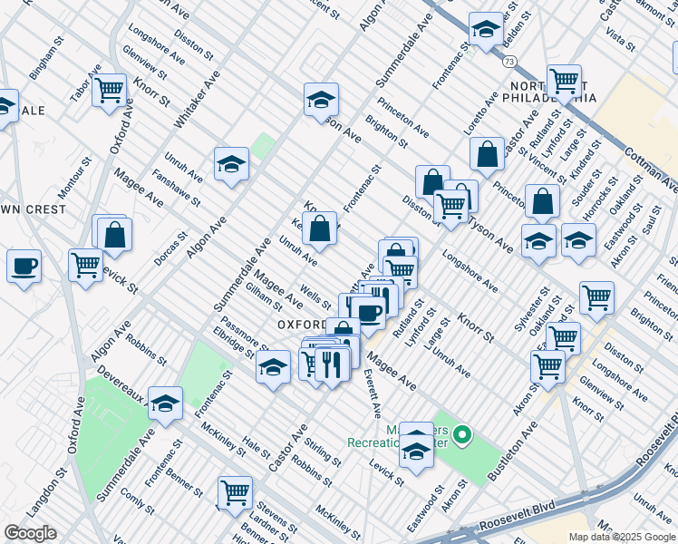 map of restaurants, bars, coffee shops, grocery stores, and more near 1341 Unruh Avenue in Philadelphia