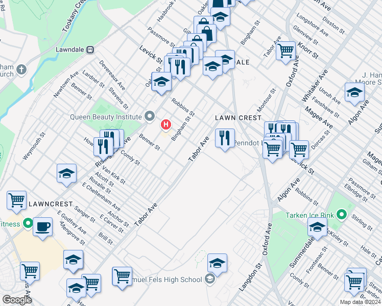 map of restaurants, bars, coffee shops, grocery stores, and more near 6118 Tabor Avenue in Philadelphia