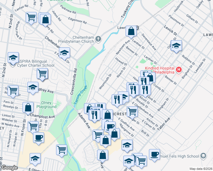 map of restaurants, bars, coffee shops, grocery stores, and more near 5722 Reach Street in Philadelphia