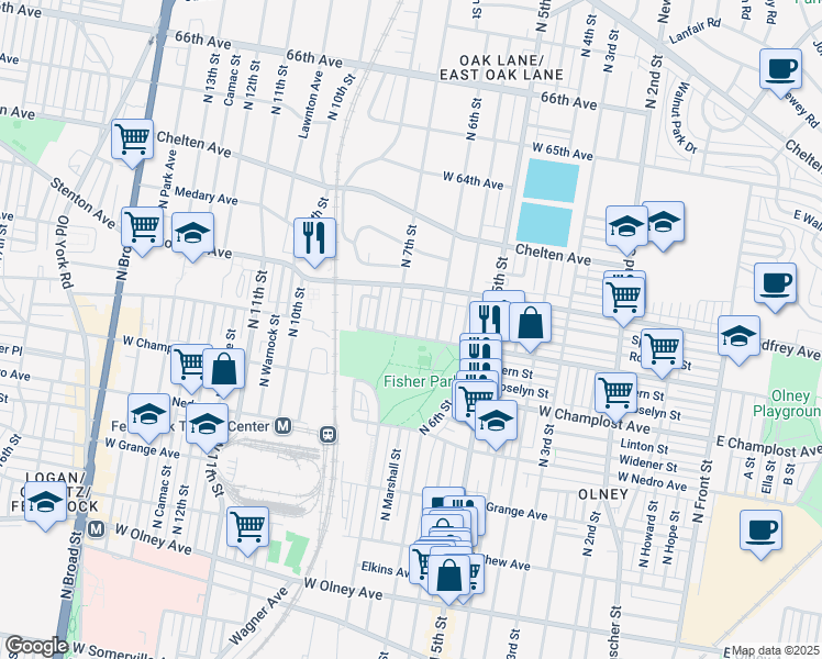 map of restaurants, bars, coffee shops, grocery stores, and more near 6104 North Marshall Street in Philadelphia