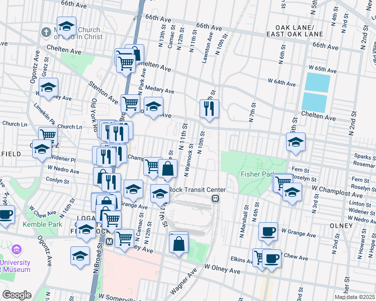 map of restaurants, bars, coffee shops, grocery stores, and more near 6007 North 11th Street in Philadelphia