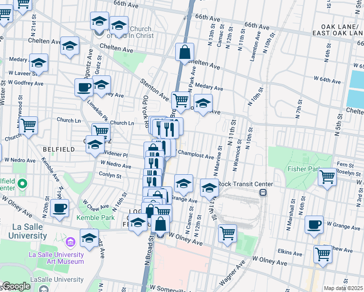 map of restaurants, bars, coffee shops, grocery stores, and more near 5940 North Park Avenue in Philadelphia