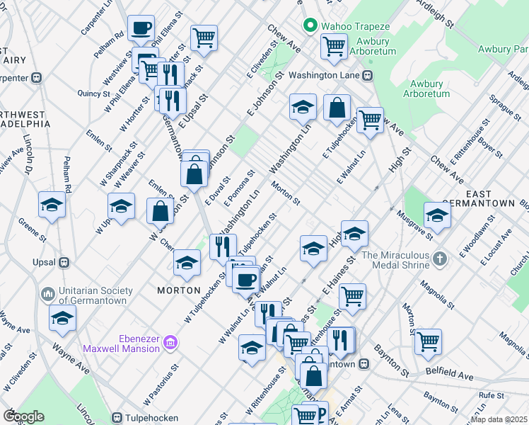 map of restaurants, bars, coffee shops, grocery stores, and more near 136 East Mayland Street in Philadelphia