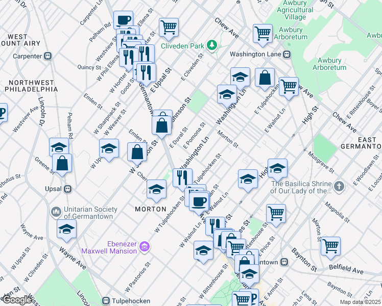 map of restaurants, bars, coffee shops, grocery stores, and more near 38 Washington Lane in Philadelphia