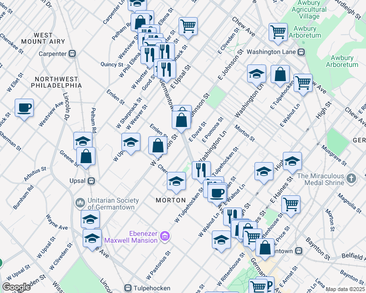map of restaurants, bars, coffee shops, grocery stores, and more near 6330 Germantown Avenue in Philadelphia
