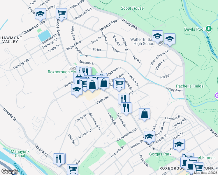 map of restaurants, bars, coffee shops, grocery stores, and more near 6901 Ridge Avenue in Philadelphia