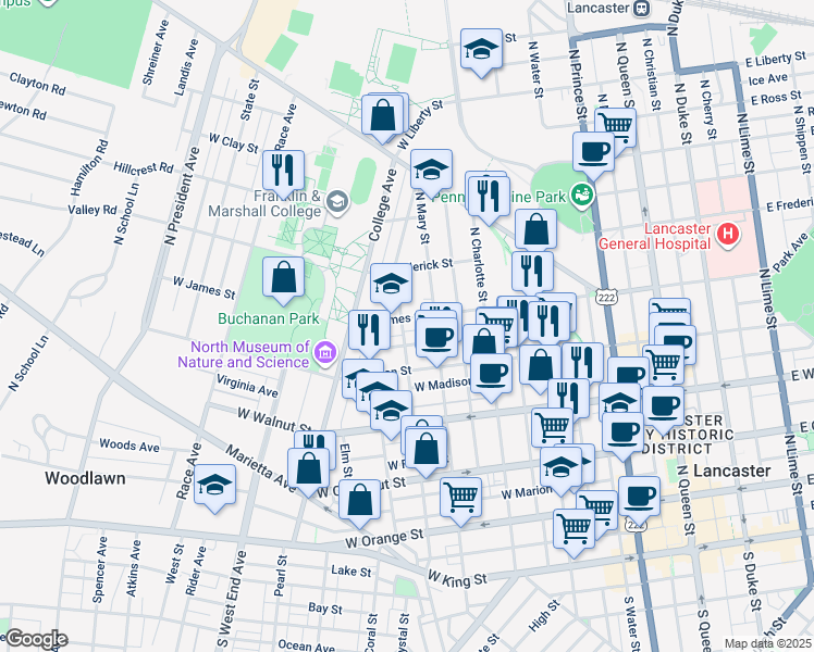 map of restaurants, bars, coffee shops, grocery stores, and more near 423 North Pine Street in Lancaster
