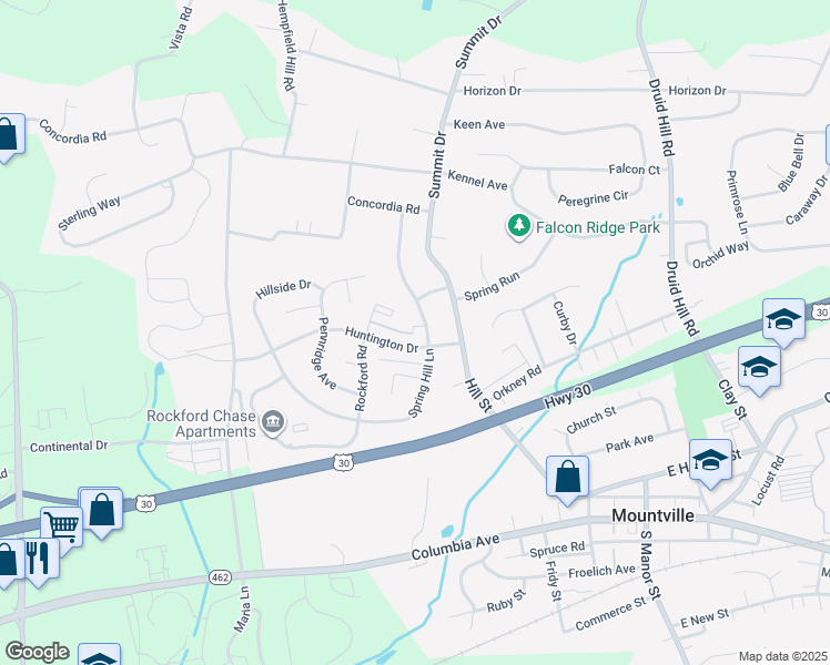 map of restaurants, bars, coffee shops, grocery stores, and more near 206 Huntington Drive in Mountville