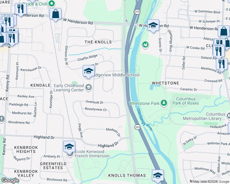 map of restaurants, bars, coffee shops, grocery stores, and more near 4129 Rowanne Court in Columbus