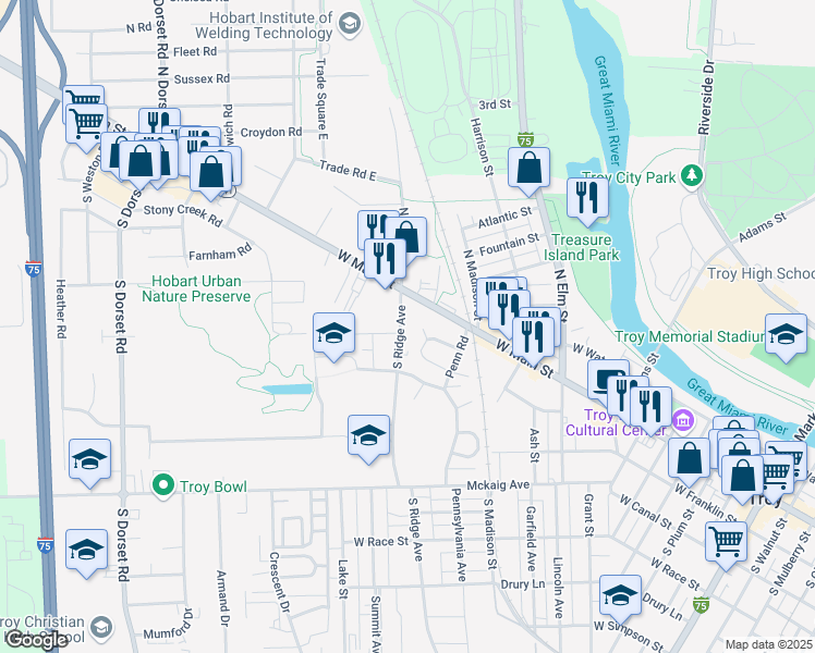 map of restaurants, bars, coffee shops, grocery stores, and more near 121 South Ridge Avenue in Troy