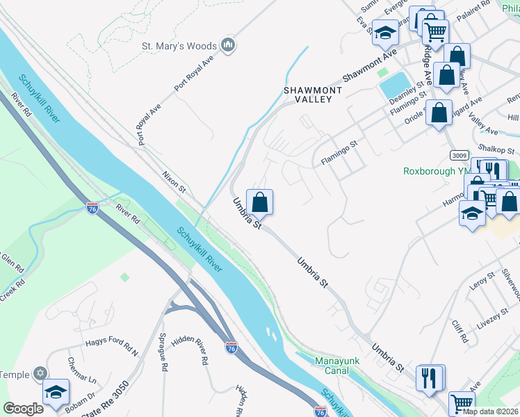 map of restaurants, bars, coffee shops, grocery stores, and more near 301 Autumn River Run in Philadelphia