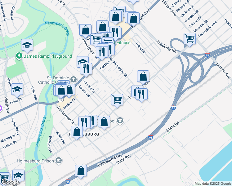 map of restaurants, bars, coffee shops, grocery stores, and more near 4602 Pennypack Street in Philadelphia