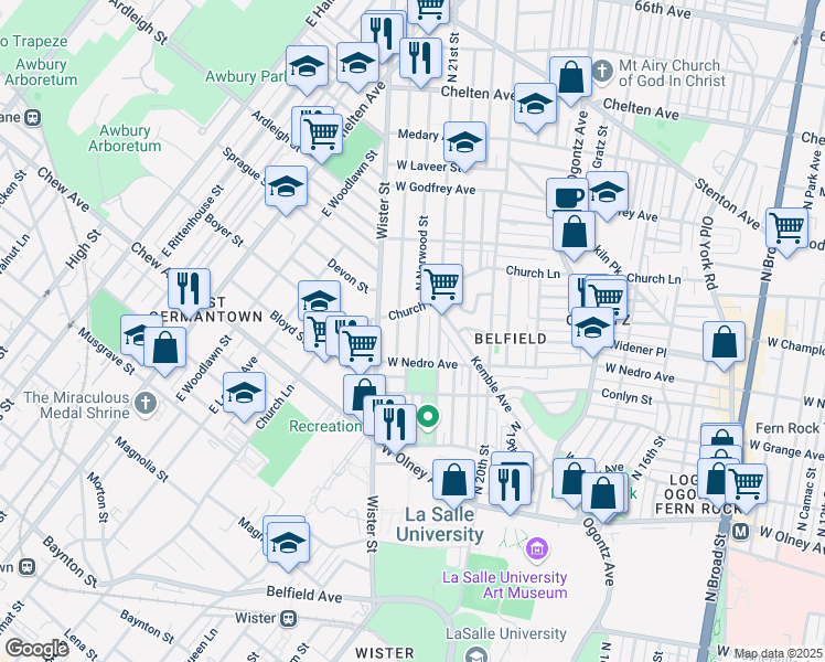 map of restaurants, bars, coffee shops, grocery stores, and more near 5960 North Norwood Street in Philadelphia