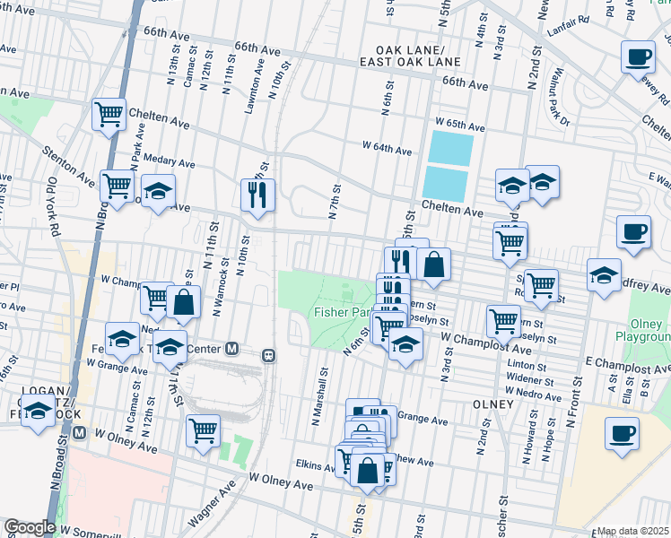 map of restaurants, bars, coffee shops, grocery stores, and more near 6104 North Marshall Street in Philadelphia