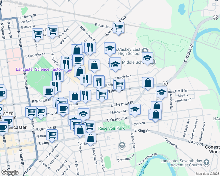 map of restaurants, bars, coffee shops, grocery stores, and more near 242 North Reservoir Street in Lancaster