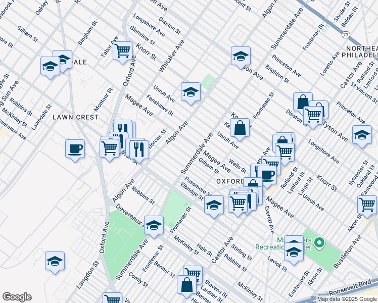 map of restaurants, bars, coffee shops, grocery stores, and more near 1137 Gilham Street in Philadelphia