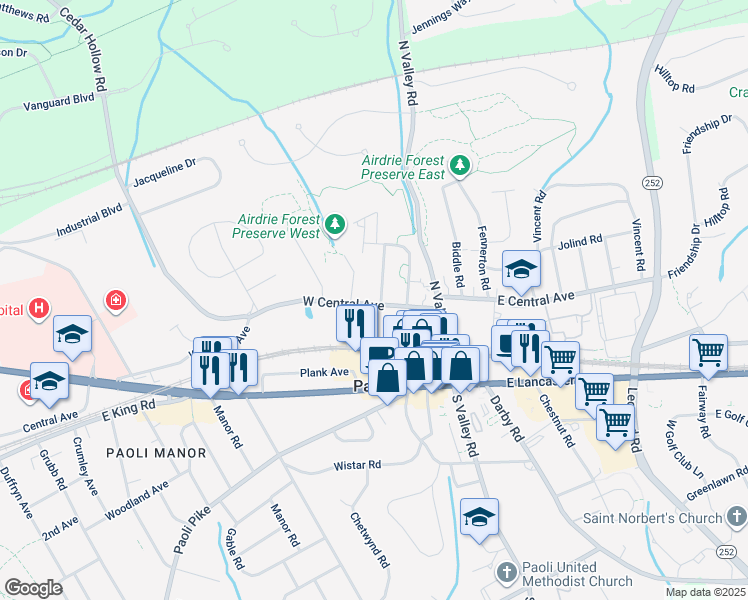 map of restaurants, bars, coffee shops, grocery stores, and more near 43 West Central Avenue in Paoli