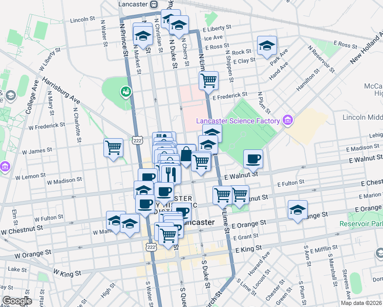 map of restaurants, bars, coffee shops, grocery stores, and more near 342 North Duke Street in Lancaster