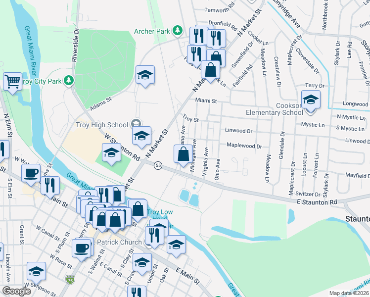 map of restaurants, bars, coffee shops, grocery stores, and more near 409 Indiana Avenue in Troy