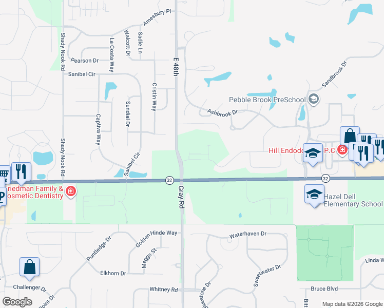 map of restaurants, bars, coffee shops, grocery stores, and more near 17600-17726 Moontown Road in Westfield