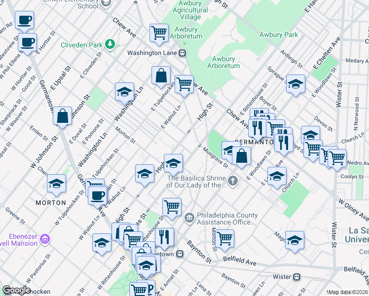 map of restaurants, bars, coffee shops, grocery stores, and more near E Mechanic St in Philadelphia