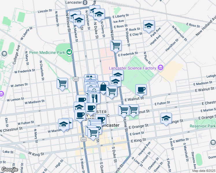 map of restaurants, bars, coffee shops, grocery stores, and more near 113 East Lemon Street in Lancaster