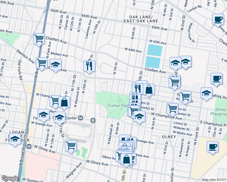 map of restaurants, bars, coffee shops, grocery stores, and more near 6105 North 7th Street in Philadelphia