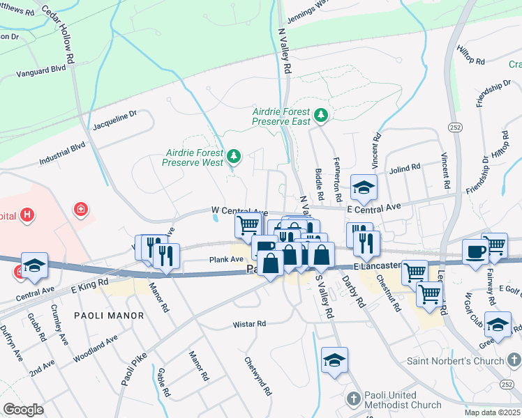 map of restaurants, bars, coffee shops, grocery stores, and more near 43 West Central Avenue in Paoli