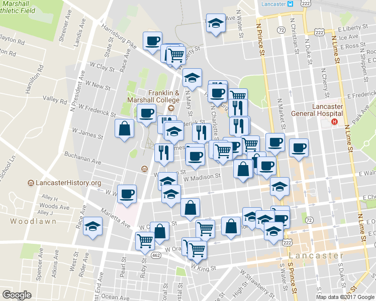 map of restaurants, bars, coffee shops, grocery stores, and more near 514 W James St in Lancaster
