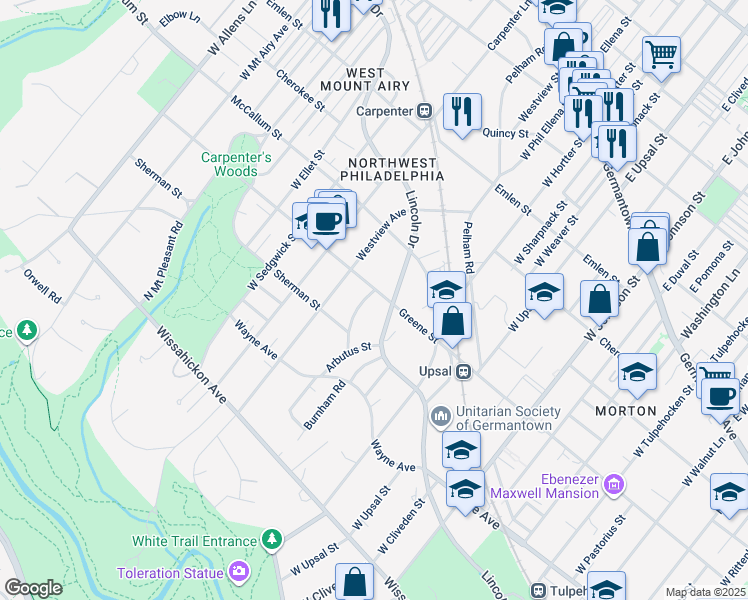 map of restaurants, bars, coffee shops, grocery stores, and more near 600 West Phil Ellena Street in Philadelphia