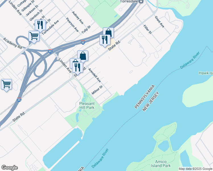 map of restaurants, bars, coffee shops, grocery stores, and more near 5205 Arendell Avenue in Philadelphia