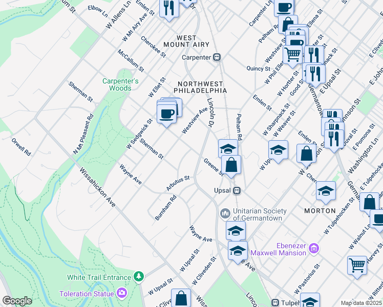 map of restaurants, bars, coffee shops, grocery stores, and more near 600 West Phil Ellena Street in Philadelphia