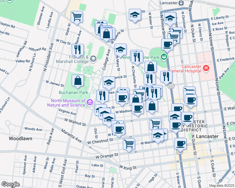 map of restaurants, bars, coffee shops, grocery stores, and more near 514 W James St in Lancaster