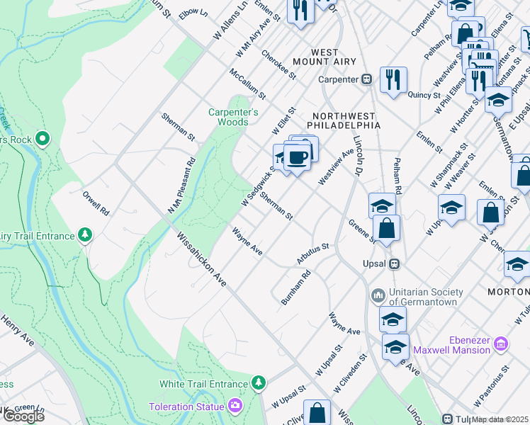 map of restaurants, bars, coffee shops, grocery stores, and more near 711 Carpenter Lane in Philadelphia