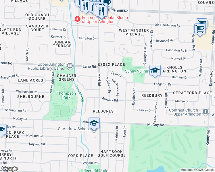 map of restaurants, bars, coffee shops, grocery stores, and more near 4343 Mumford Drive in Upper Arlington