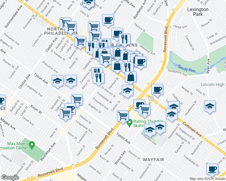 map of restaurants, bars, coffee shops, grocery stores, and more near 7212 Leonard Street in Philadelphia