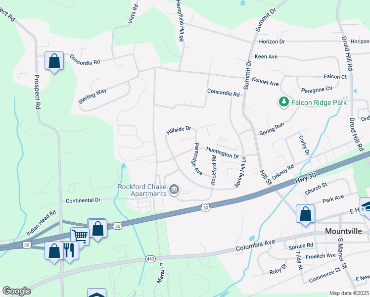 map of restaurants, bars, coffee shops, grocery stores, and more near 439 Huntington Drive in Mountville