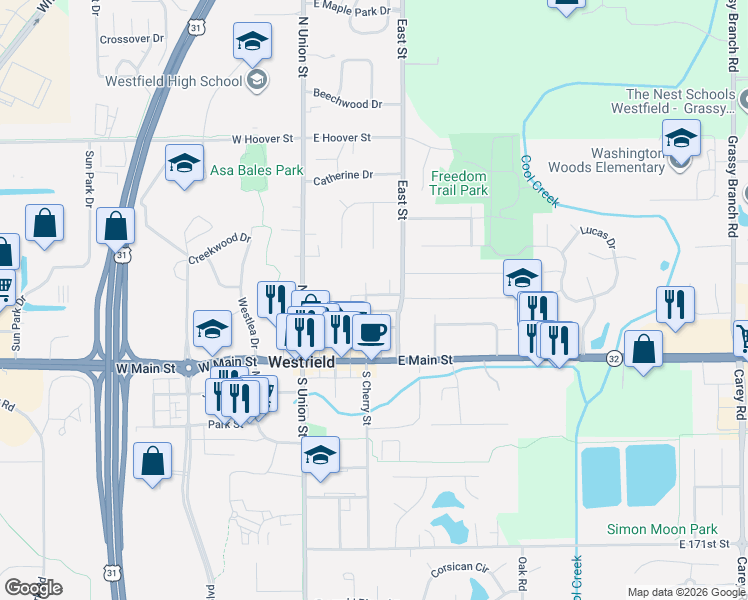 map of restaurants, bars, coffee shops, grocery stores, and more near 317 North East Street in Westfield