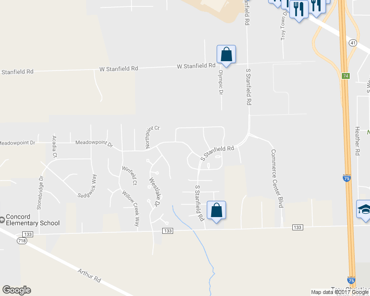map of restaurants, bars, coffee shops, grocery stores, and more near 2375 Meadowpoint Drive in Troy