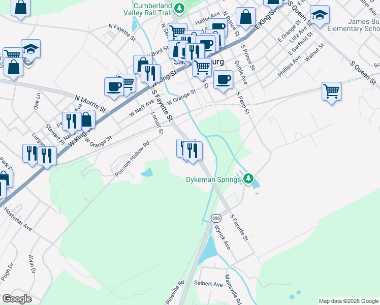 map of restaurants, bars, coffee shops, grocery stores, and more near 228 South Fayette Street in Shippensburg