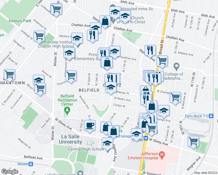 map of restaurants, bars, coffee shops, grocery stores, and more near 1806 West Champlost Street in Philadelphia