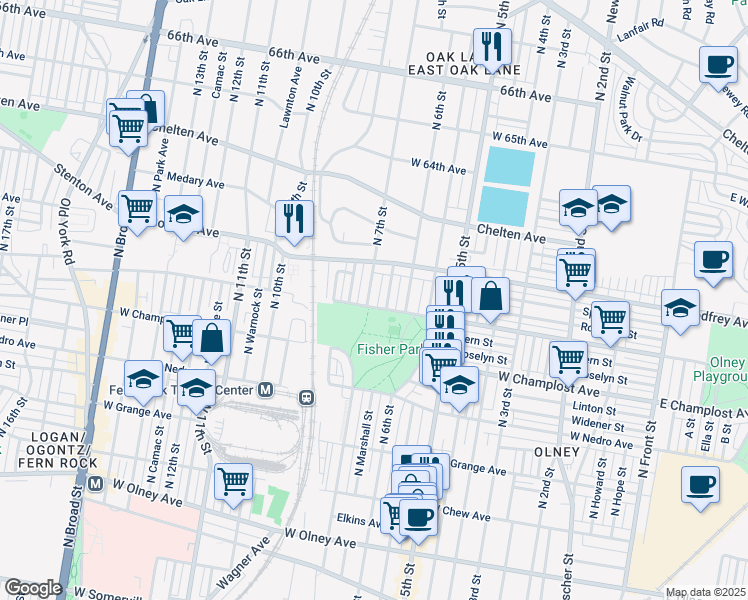 map of restaurants, bars, coffee shops, grocery stores, and more near 6105 North 7th Street in Philadelphia