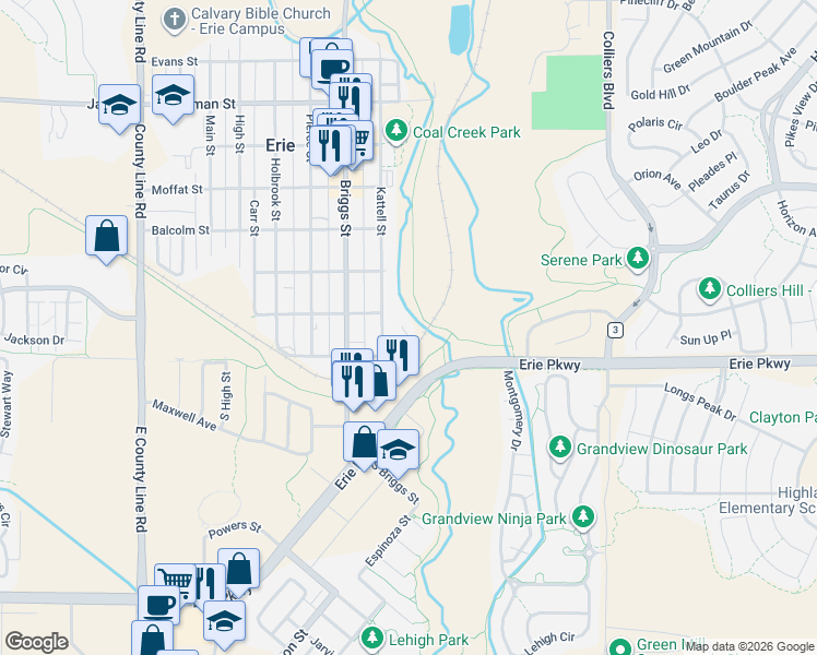 map of restaurants, bars, coffee shops, grocery stores, and more near 225 Kattell Street in Erie