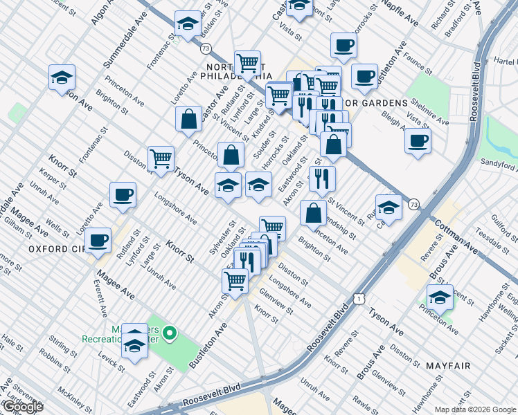 map of restaurants, bars, coffee shops, grocery stores, and more near 7001 Horrocks Street in Philadelphia