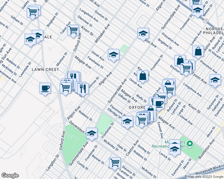 map of restaurants, bars, coffee shops, grocery stores, and more near 1135 Gilham Street in Philadelphia