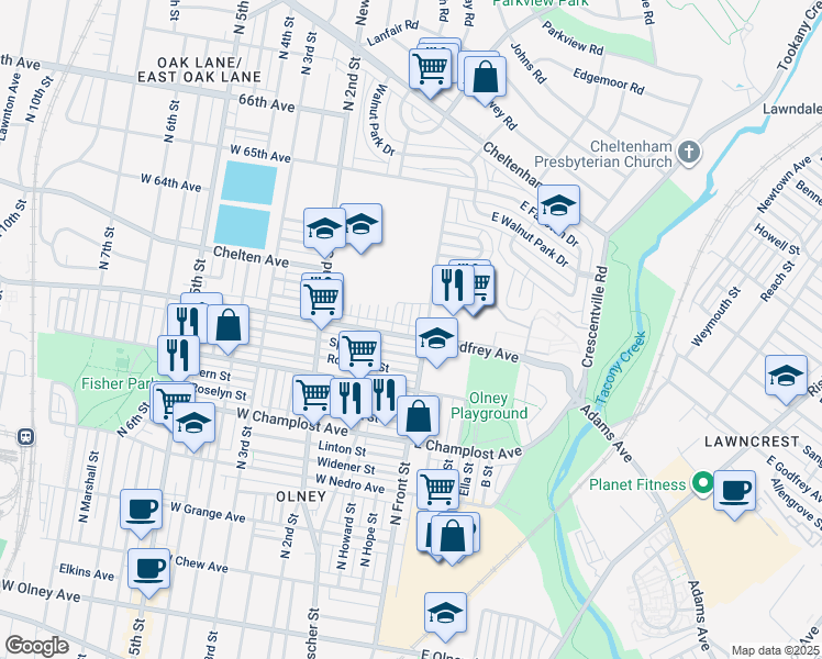 map of restaurants, bars, coffee shops, grocery stores, and more near 105 West Godfrey Avenue in Philadelphia