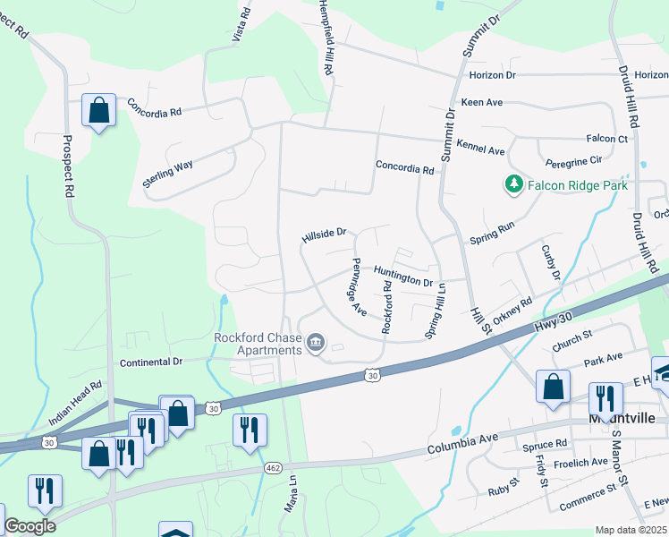 map of restaurants, bars, coffee shops, grocery stores, and more near 439 Huntington Drive in Mountville