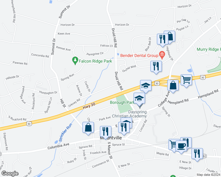 map of restaurants, bars, coffee shops, grocery stores, and more near 3606 Orkney Road in Mountville