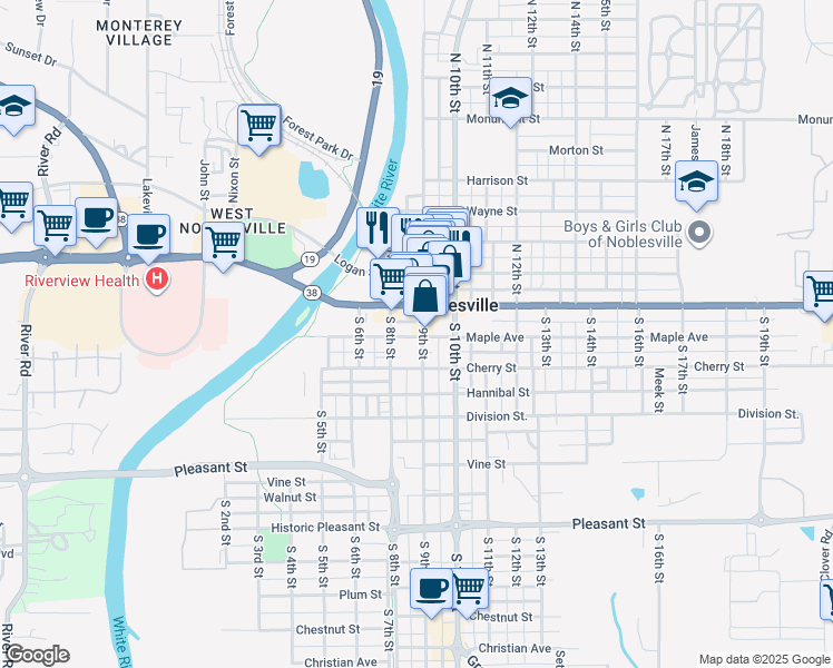 map of restaurants, bars, coffee shops, grocery stores, and more near 880 Maple Avenue in Noblesville